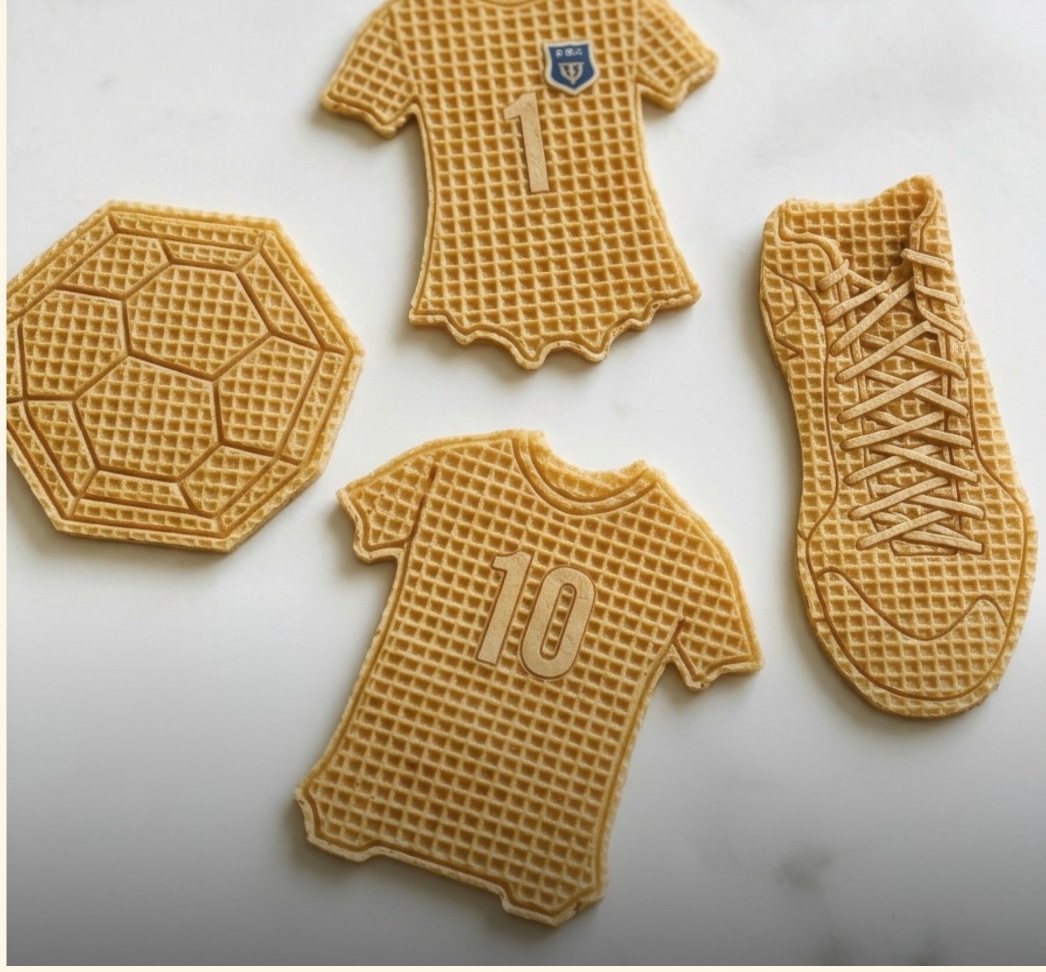 Waffle toppers shaped like a football, two shirts and a boot