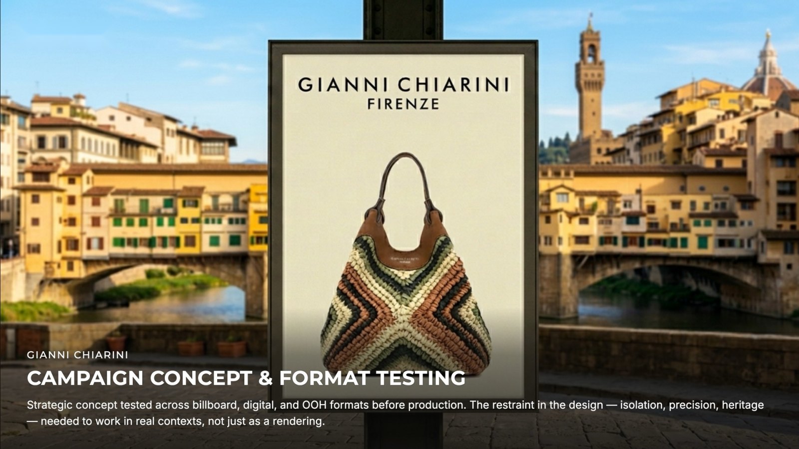 Billboard for Gianni Chiarini Firenze showing a woven bag in front of the Ponte Vecchio