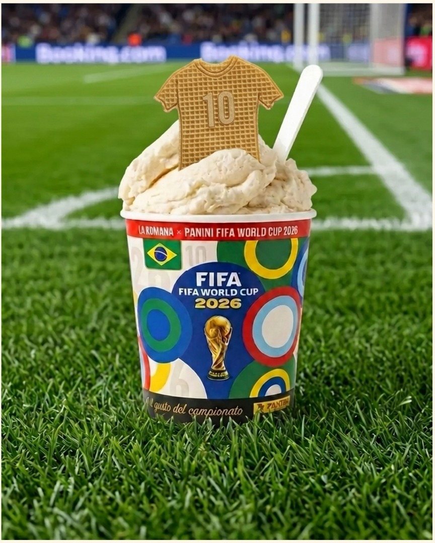 Gelato cup with a waffle shirt topper on a football pitch