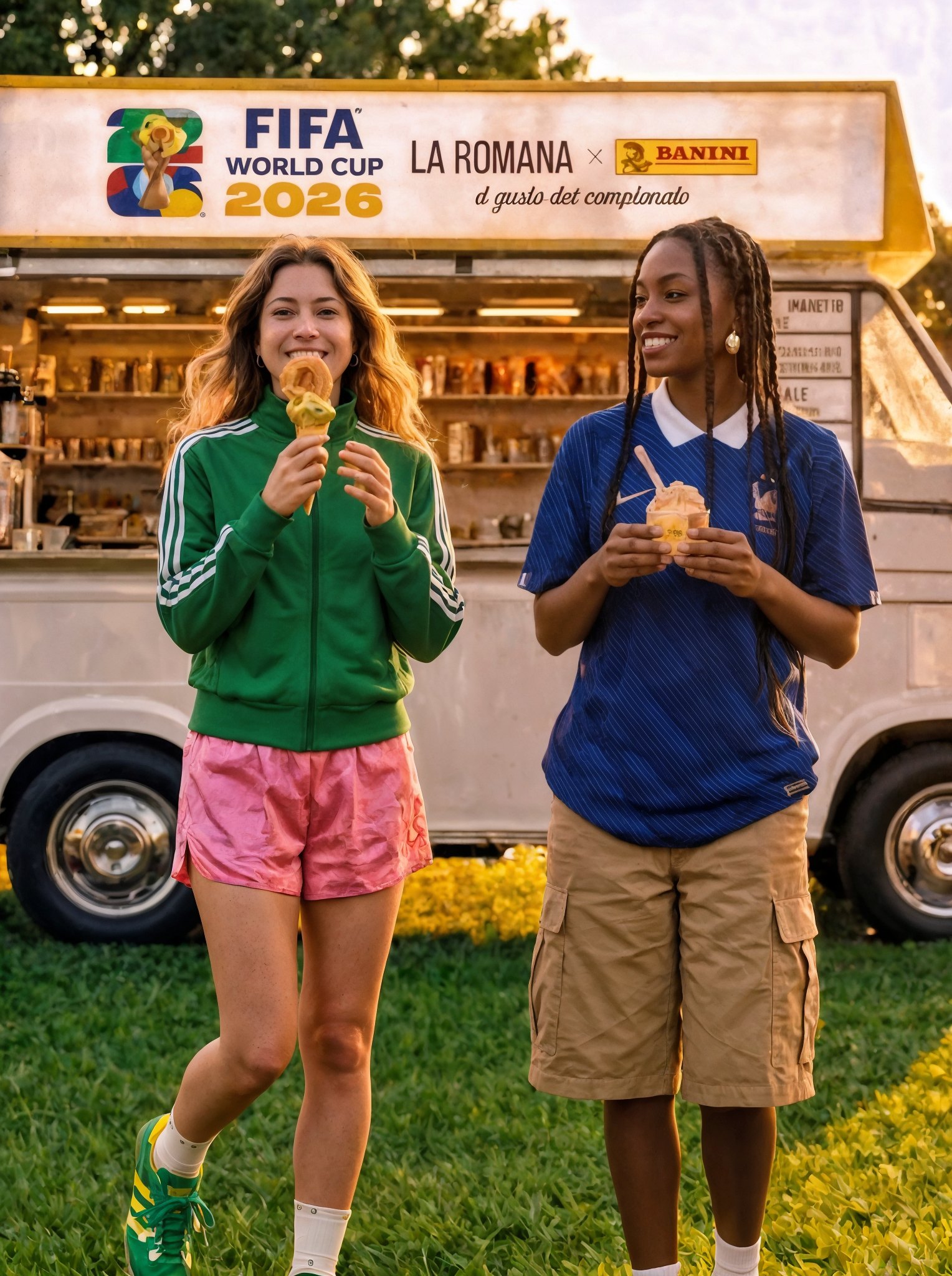 Two fans enjoying gelato in front of the truck