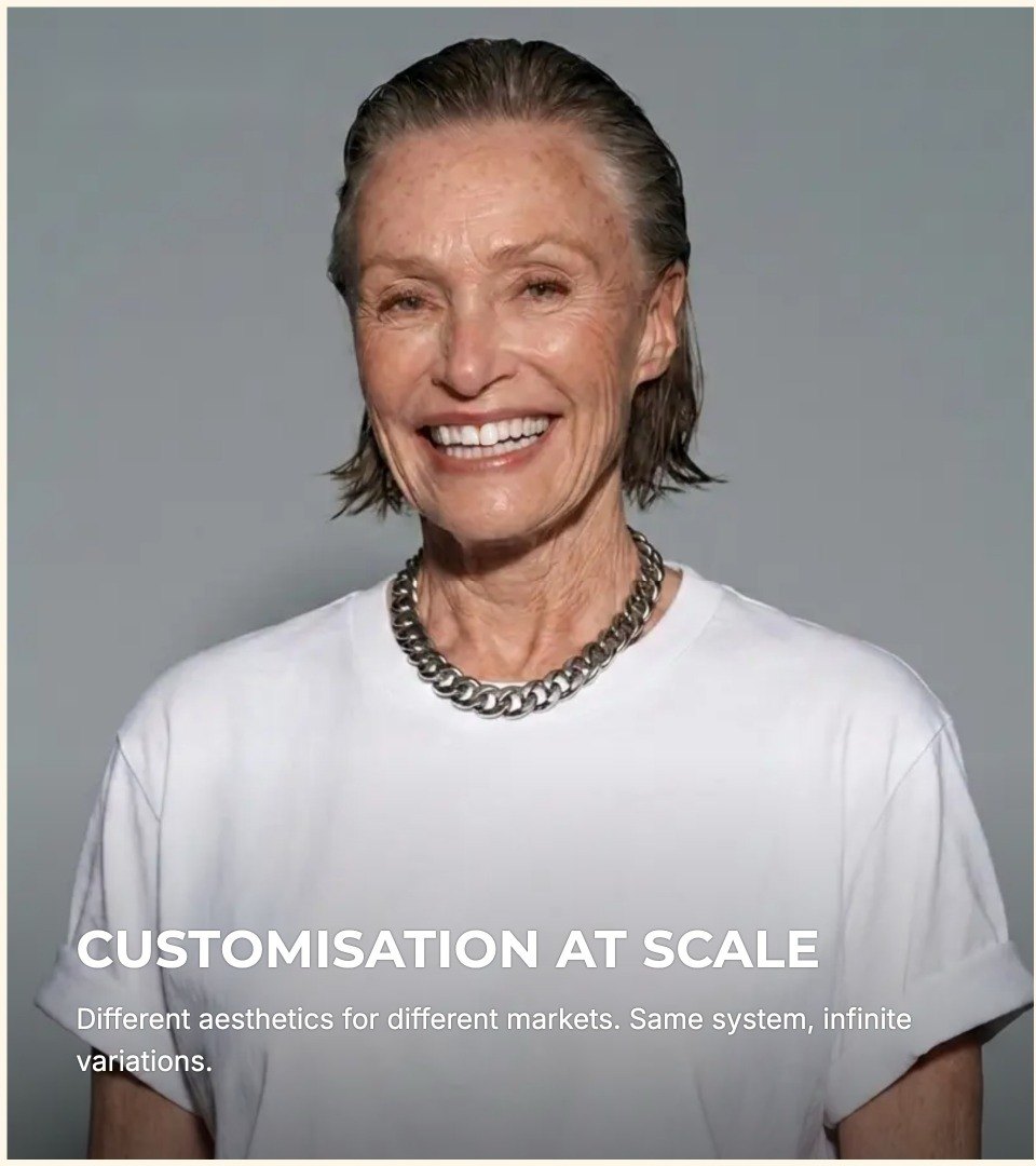Smiling older model in a white tee and silver chain necklace