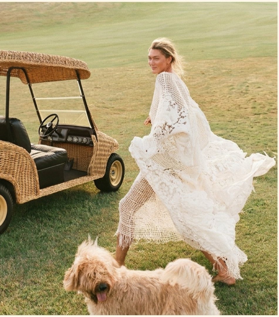 Model in flowing white lace walking past the wicker golf cart
