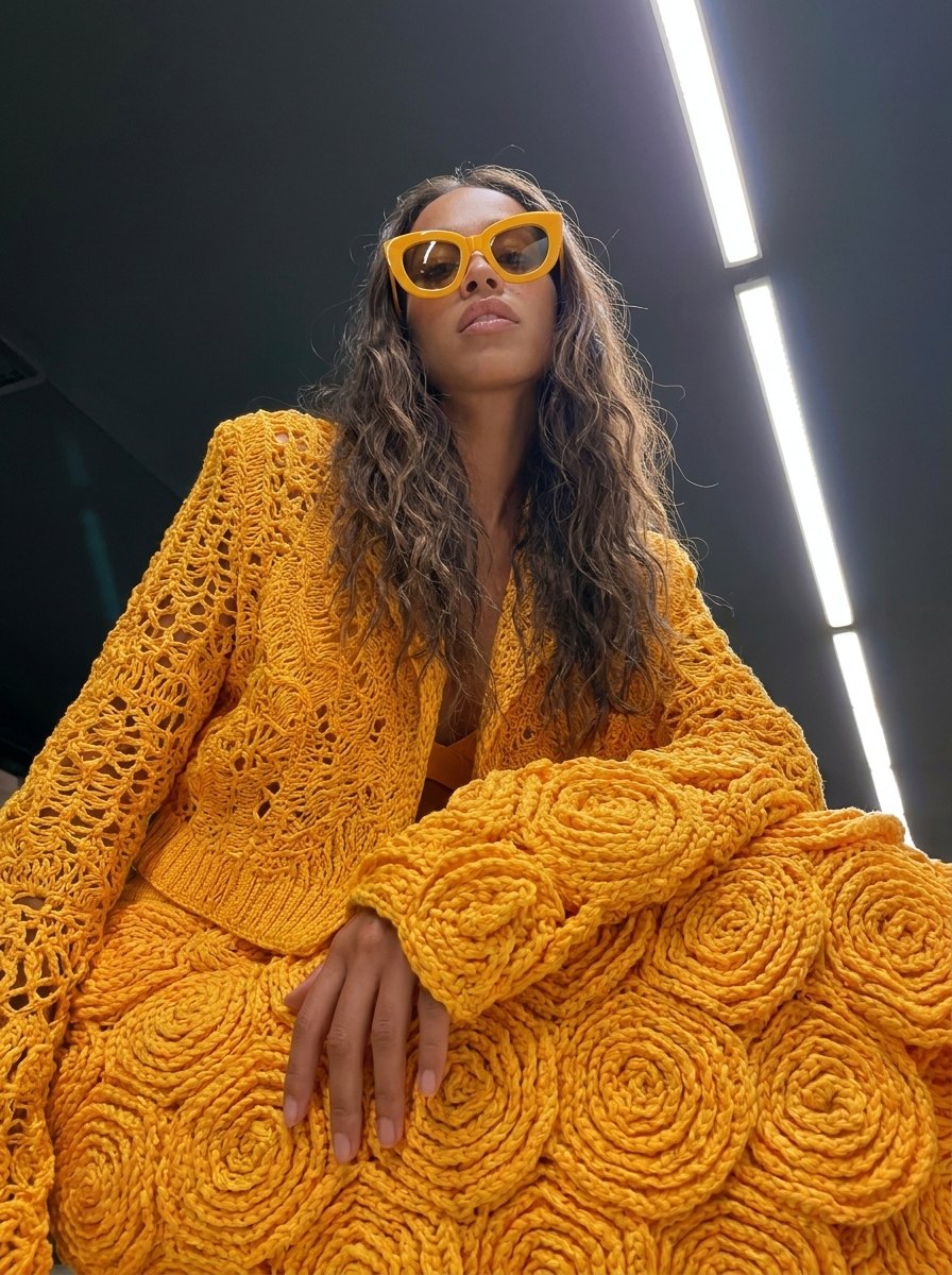 Model in a mustard crochet cardigan and matching sunglasses